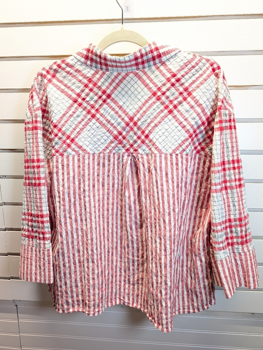 Habitat Red/Gray Plaid Crinkle Button-Up Tunic Size Large Lagenlook EUC - Picture 5 of 9